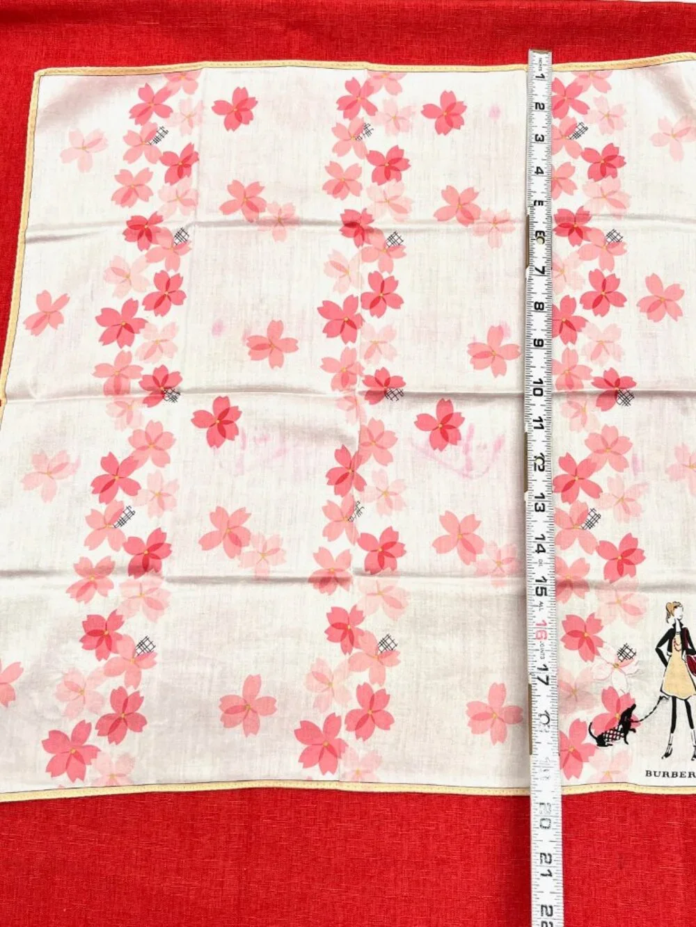 Burberrys Mini Scarf cotton 19.5" ligh peach pink flora embroidered dogs (88) - Picture 7 of 9